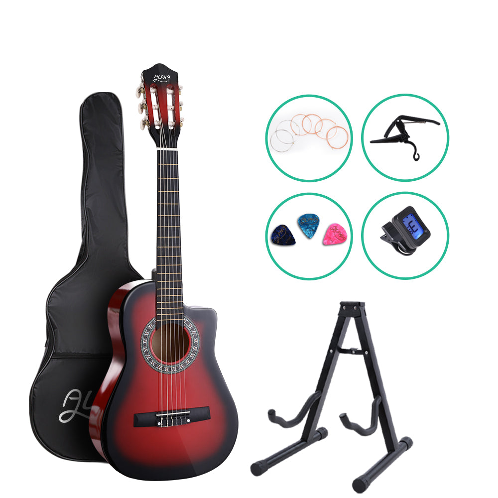 Alpha 34 Inch Guitar Classical Acoustic Cutaway Children 1/2 Size Red with Capo Tuner freeshipping - Awezingly