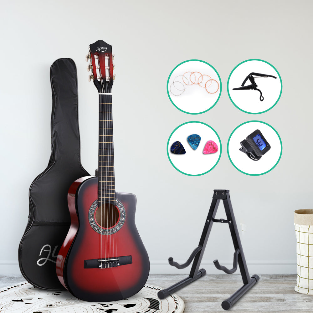 Alpha 34 Inch Guitar Classical Acoustic Cutaway Children 1/2 Size Red with Capo Tuner freeshipping - Awezingly