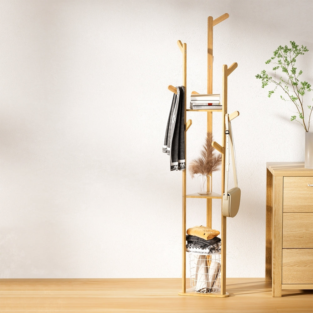 Artiss Clothes Rack Coat Stand 165cm 9 Hooks Tree Shelf Bamboo