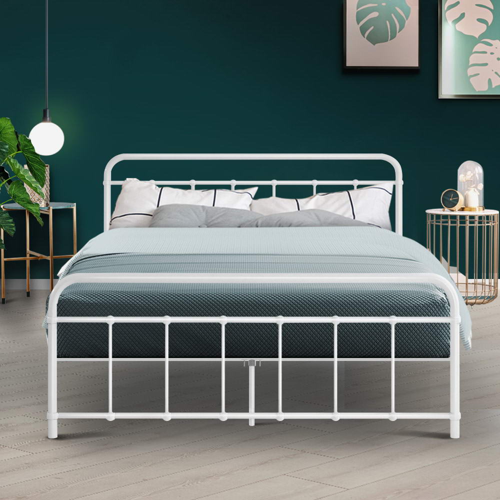 Metal Bed Frame Double Size Platform Foundation Mattress Base Leo White freeshipping - Awezingly