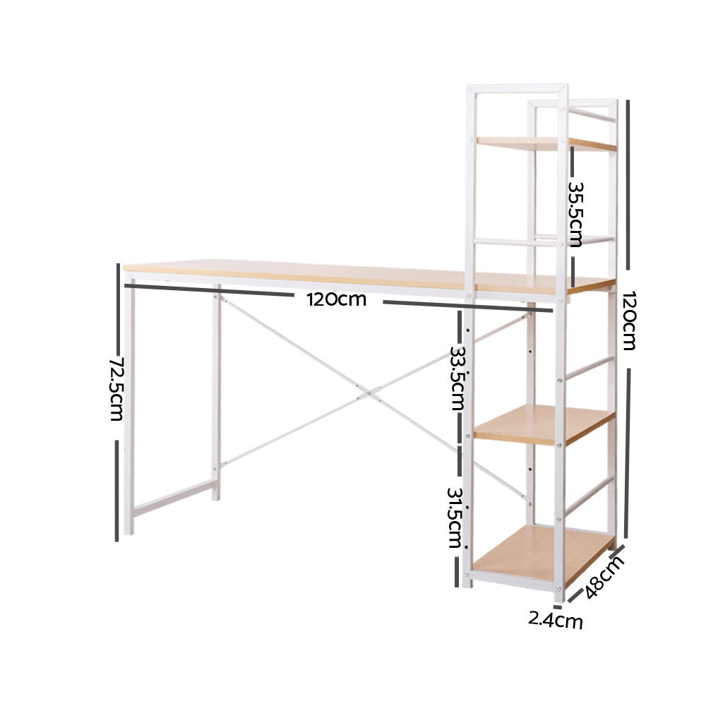 Artiss Metal Desk with Shelves - White with Oak Top