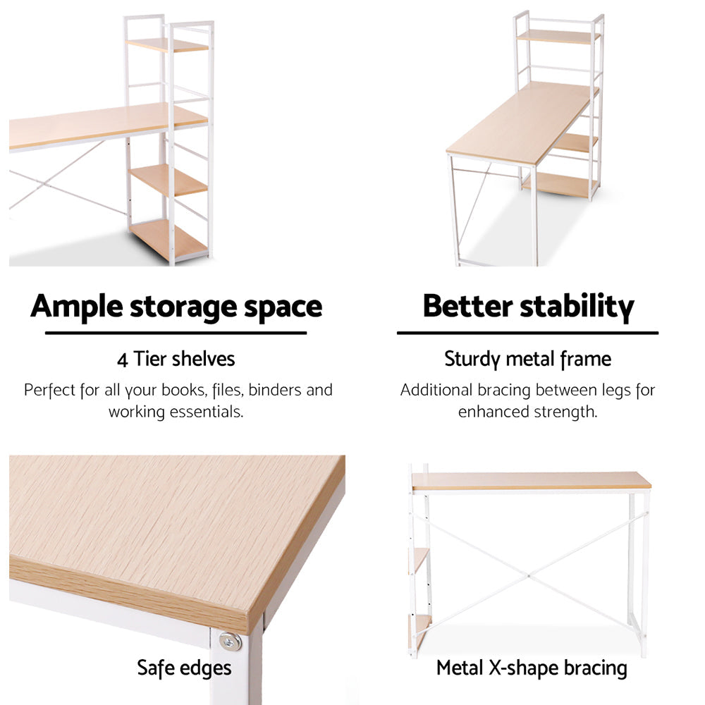 Artiss Metal Desk with Shelves - White with Oak Top