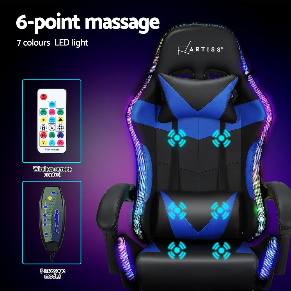 Artiss 6 Point Massage Gaming Office Chair 7 LED Footrest Blue