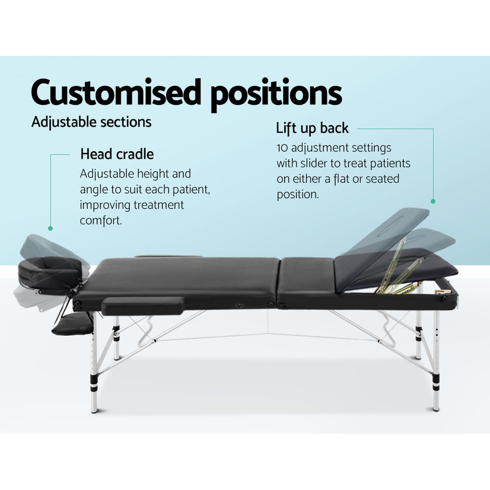 Zenses 70cm Wide Portable Aluminium Massage Table 3 Fold Treatment Beauty Therapy Black freeshipping - Awezingly