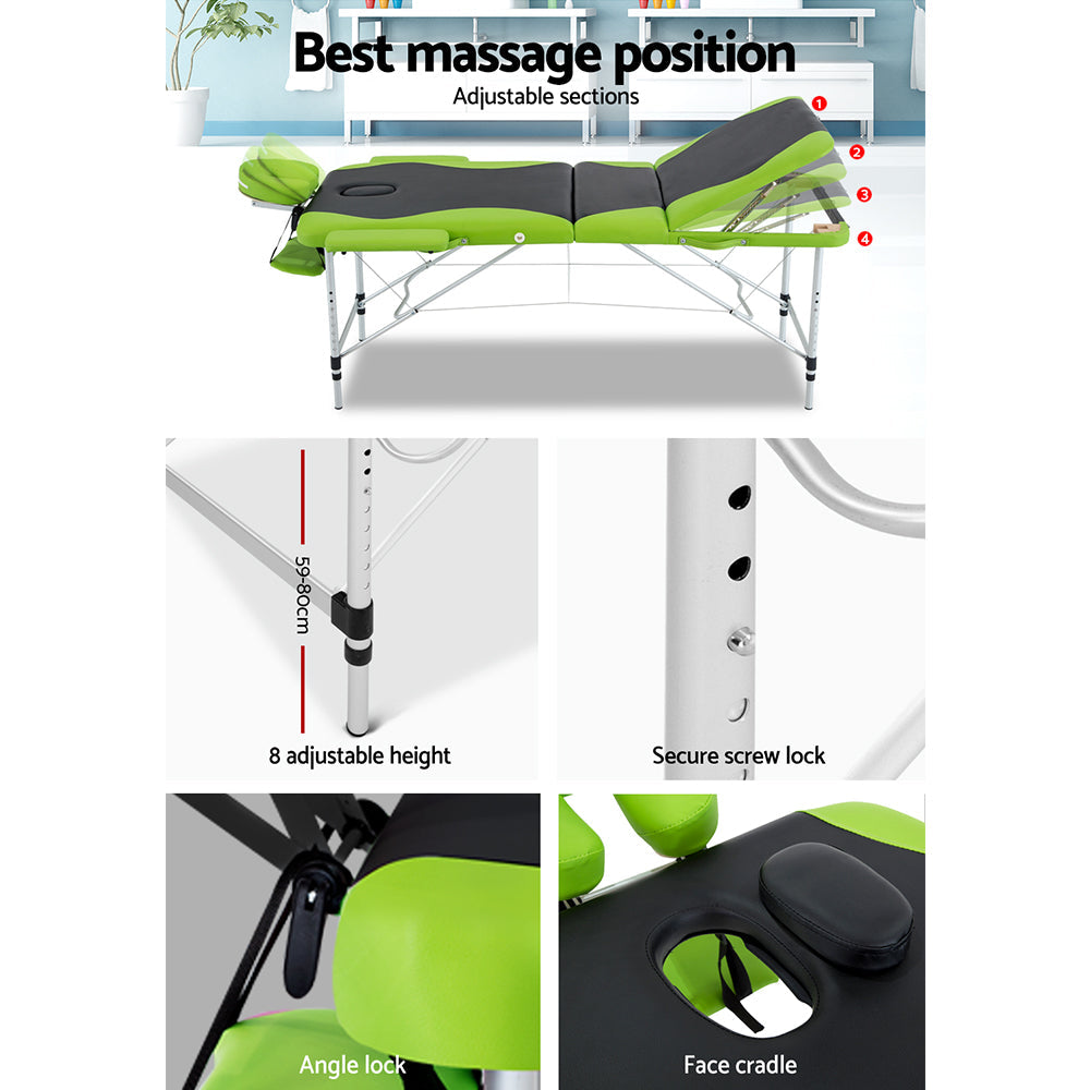 Zenses 3 Fold Portable Aluminium Massage Table - Green & Black freeshipping - Awezingly