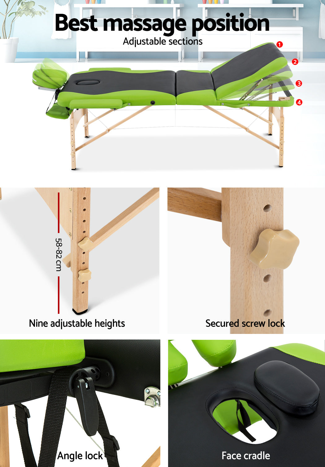 Zenses 3 Fold Portable Wood Massage Table - Black & Lime freeshipping - Awezingly