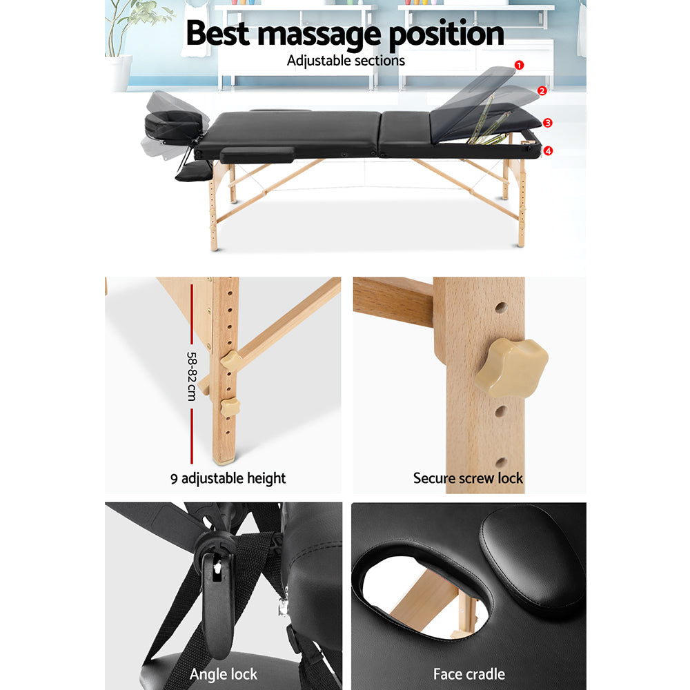 Zenses 60cm Wide Portable Wooden Massage Table 3 Fold Treatment Beauty Therapy Black freeshipping - Awezingly