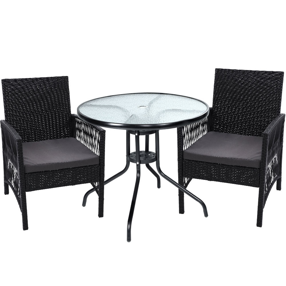 Gardeon Outdoor Furniture Dining Chairs Rattan Garden Patio Cushion Black 3PCS Tea Coffee Cafe Bar Set freeshipping - Awezingly