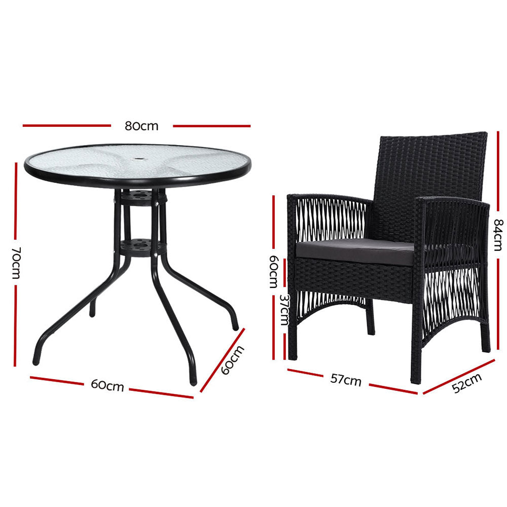 Gardeon Outdoor Furniture Dining Chairs Rattan Garden Patio Cushion Black 3PCS Tea Coffee Cafe Bar Set freeshipping - Awezingly