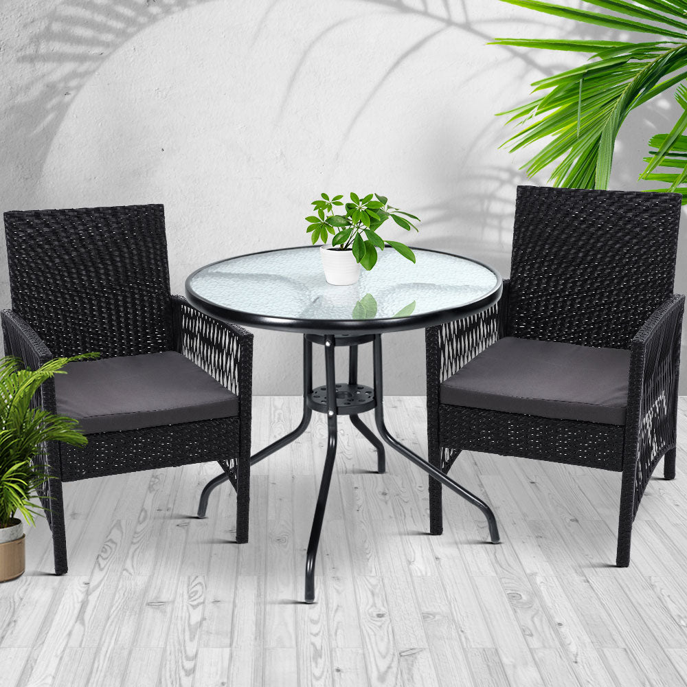 Gardeon Outdoor Furniture Dining Chairs Rattan Garden Patio Cushion Black 3PCS Tea Coffee Cafe Bar Set freeshipping - Awezingly