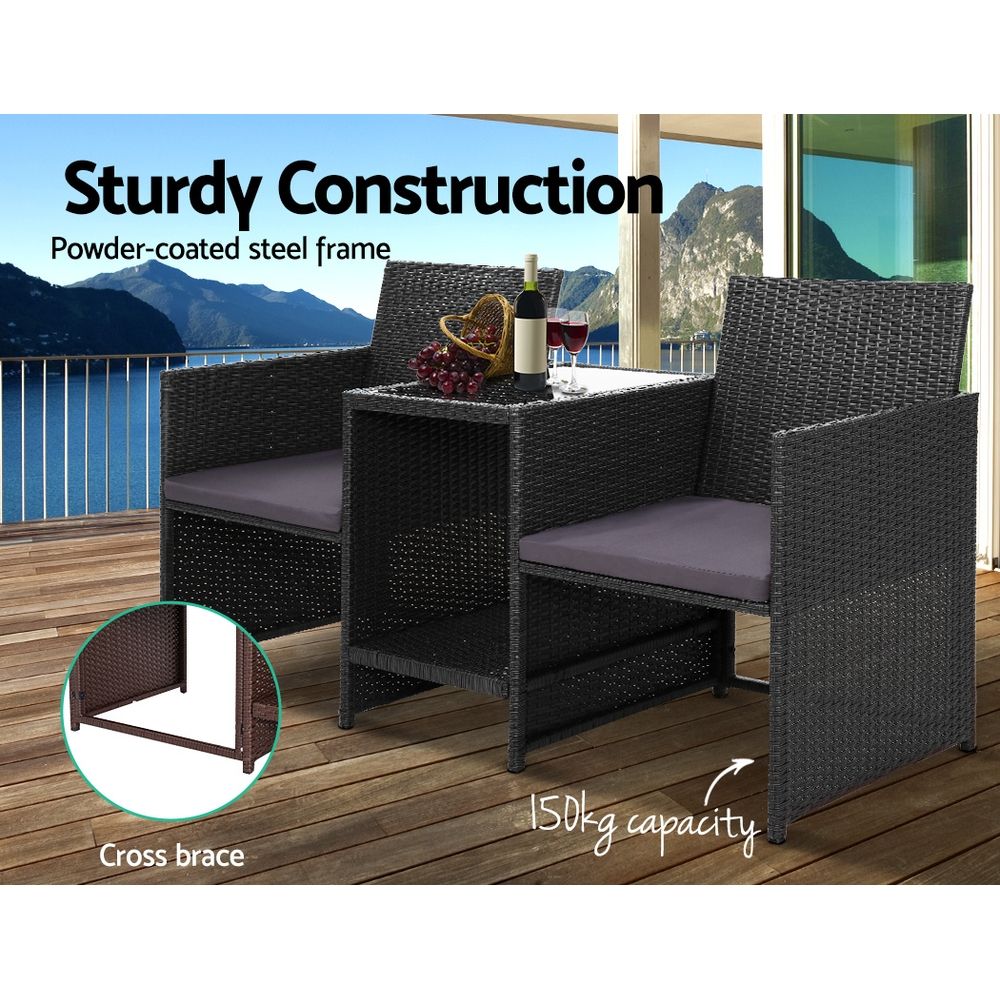 Gardeon Outdoor Setting Wicker Loveseat Birstro Set Patio Garden Furniture Black freeshipping - Awezingly