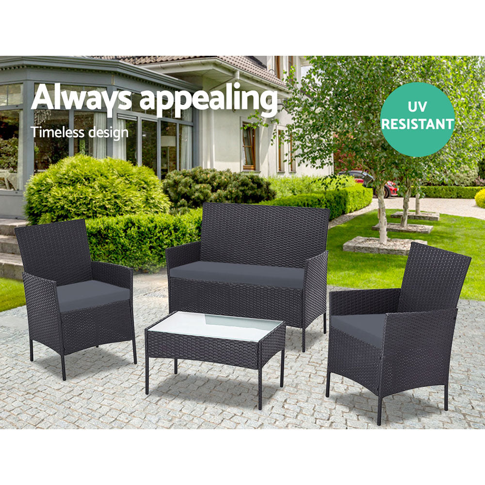 Gardeon Set of 4 Outdoor Rattan Chairs & Table - Black freeshipping - Awezingly