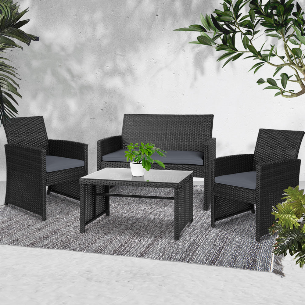 Gardeon Set of 4 Outdoor Rattan Chairs & Table - Black freeshipping - Awezingly