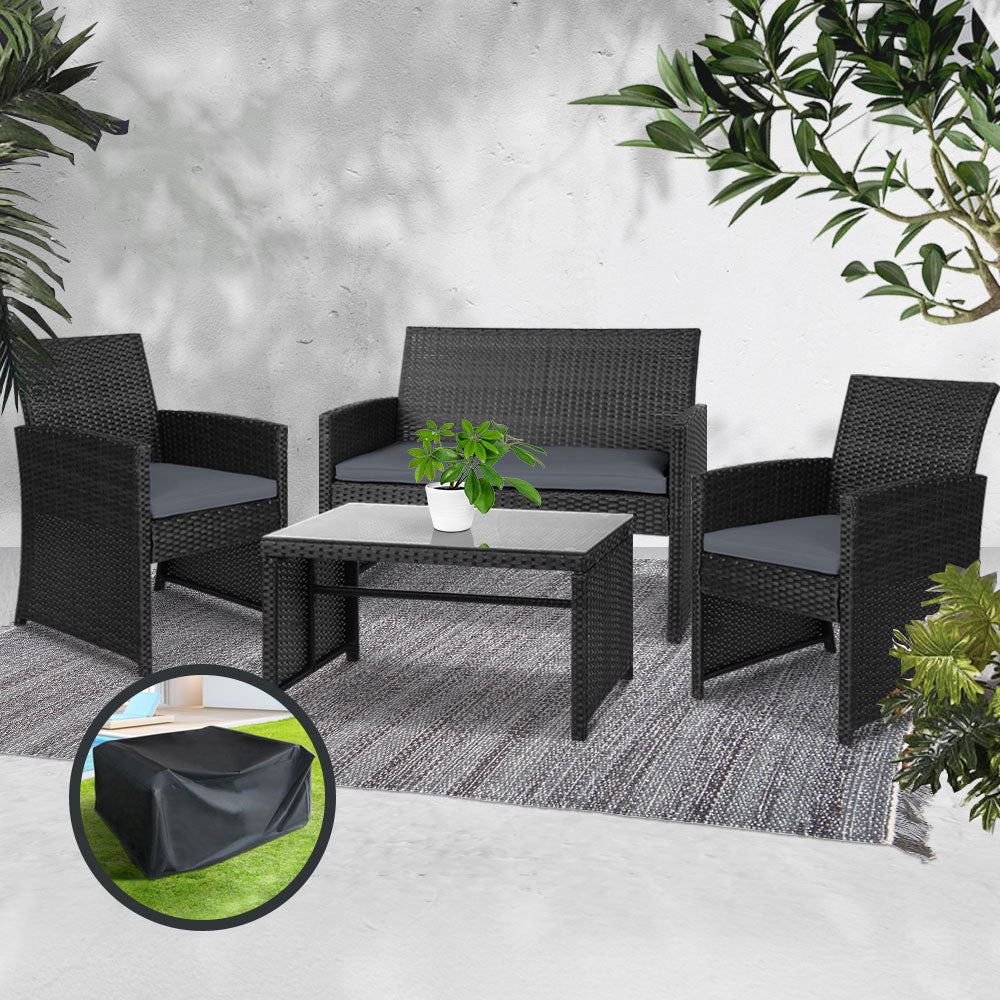 Gardeon Garden Furniture Outdoor Lounge Setting Wicker Sofa Set Storage Cover Black freeshipping - Awezingly