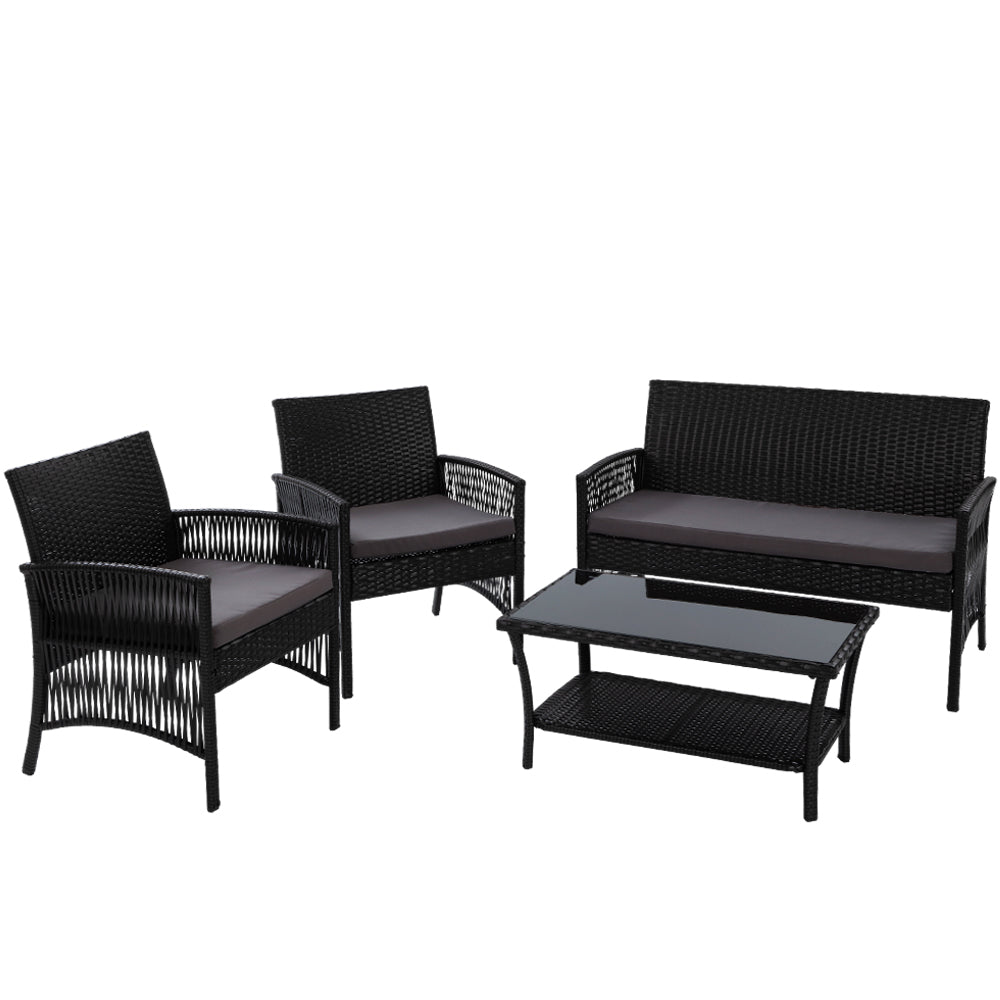 Gardeon Outdoor Furniture Rattan Set Wicker Cushion 4pc Black freeshipping - Awezingly