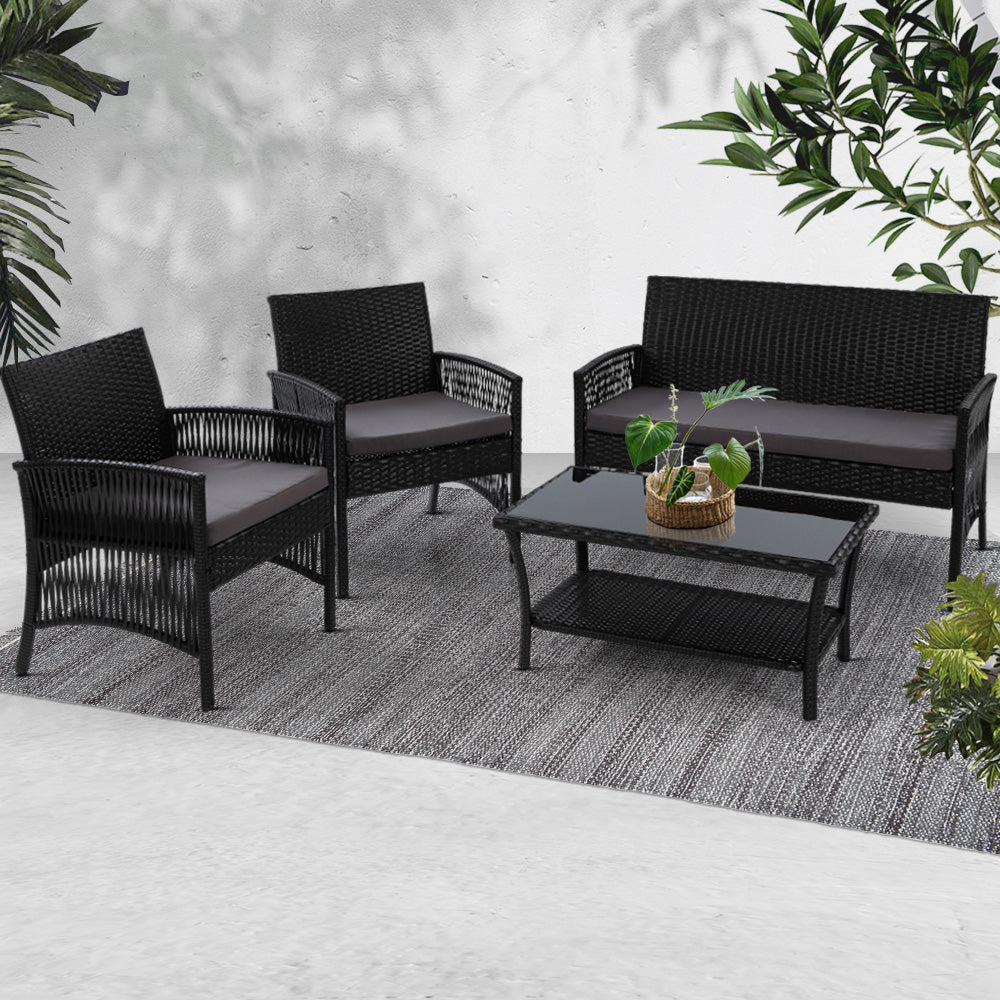 Gardeon Outdoor Furniture Rattan Set Wicker Cushion 4pc Black freeshipping - Awezingly