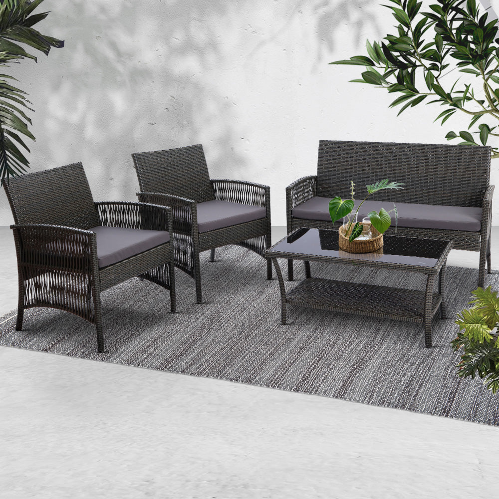 Gardeon Outdoor Furniture Rattan Set Wicker Cushion 4pc Dark Grey freeshipping - Awezingly