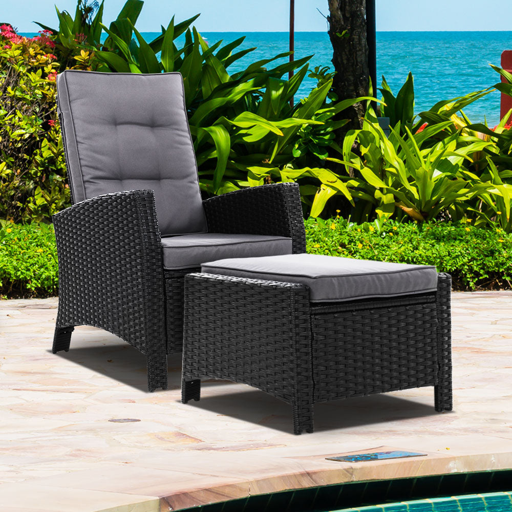 Sun lounge Recliner Chair Wicker Lounger Sofa Day Bed Outdoor Furniture Patio Garden Cushion Ottoman Black Gardeon freeshipping - Awezingly