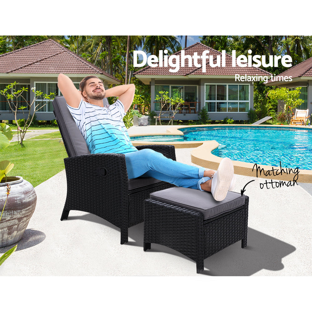 Sun lounge Recliner Chair Wicker Lounger Sofa Day Bed Outdoor Furniture Patio Garden Cushion Ottoman Black Gardeon freeshipping - Awezingly