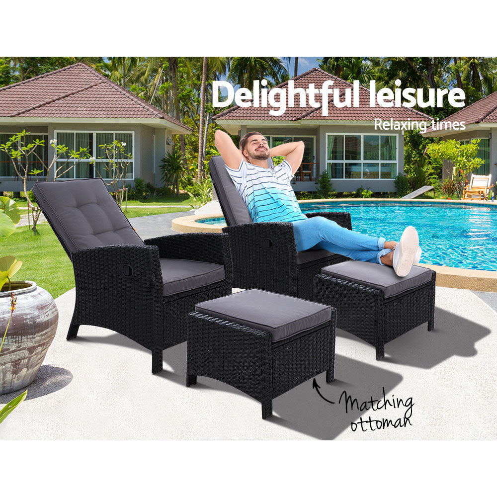 2PC Sun lounge Recliner Chair Wicker Lounger Sofa Day Bed Outdoor Chairs Patio Furniture Garden Cushion Ottoman Gardeon freeshipping - Awezingly