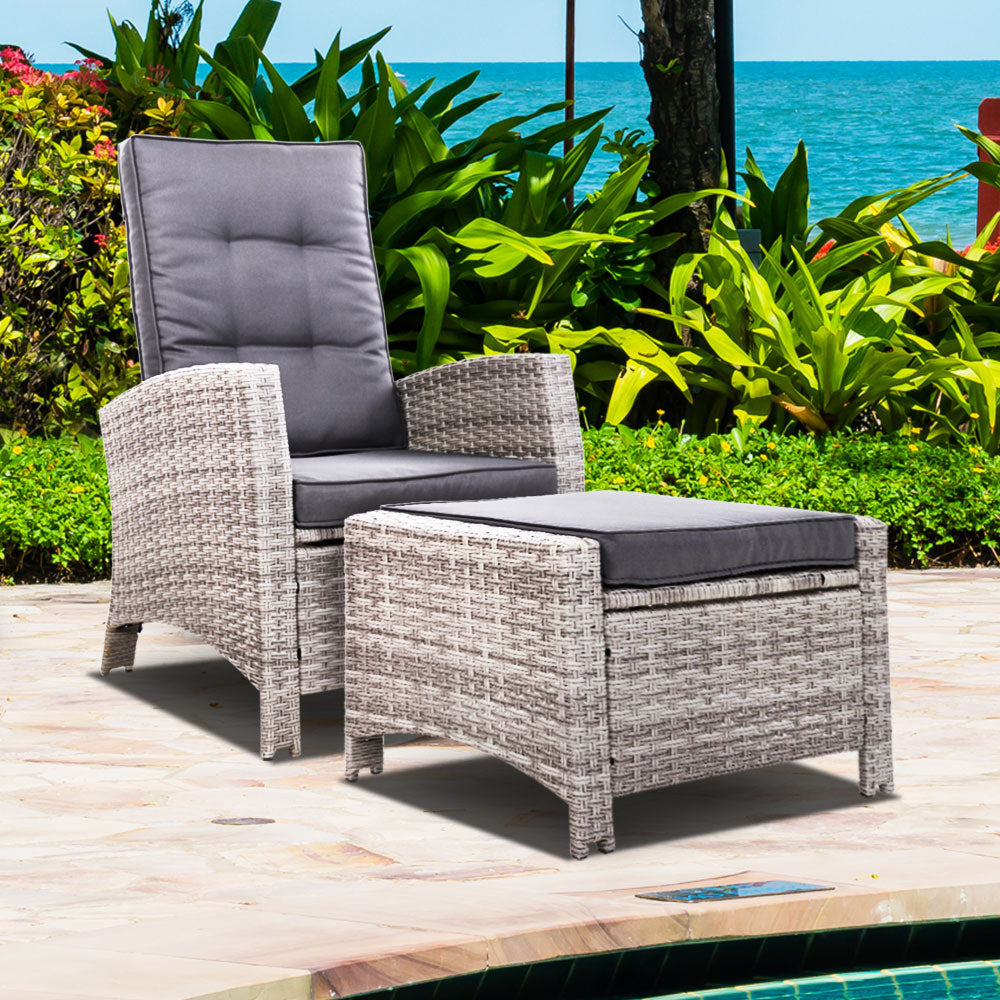 Sun lounge Recliner Chair Wicker Lounger Sofa Day Bed Outdoor Furniture Patio Garden Cushion Ottoman Grey Gardeon freeshipping - Awezingly