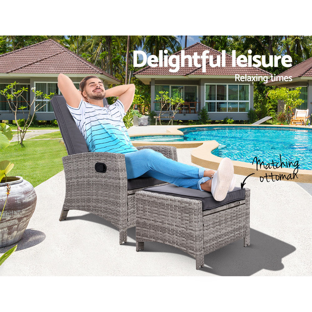 Sun lounge Recliner Chair Wicker Lounger Sofa Day Bed Outdoor Furniture Patio Garden Cushion Ottoman Grey Gardeon freeshipping - Awezingly