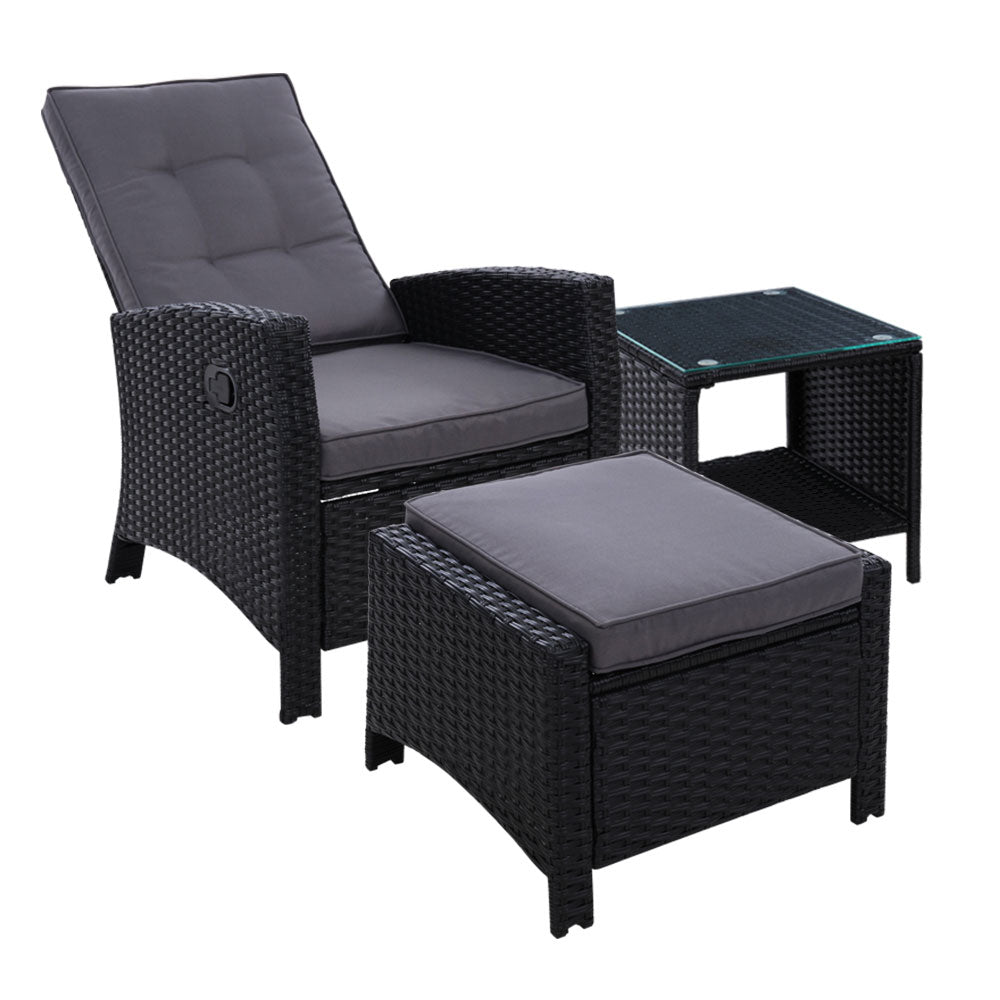 Gardeon Outdoor Setting Recliner Chair Table Set Wicker lounge Patio Furniture Black freeshipping - Awezingly