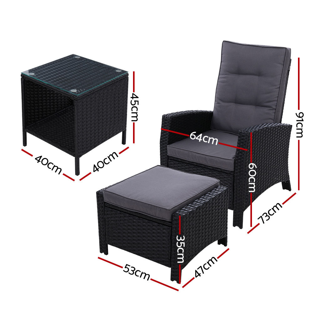 Gardeon Outdoor Setting Recliner Chair Table Set Wicker lounge Patio Furniture Black freeshipping - Awezingly