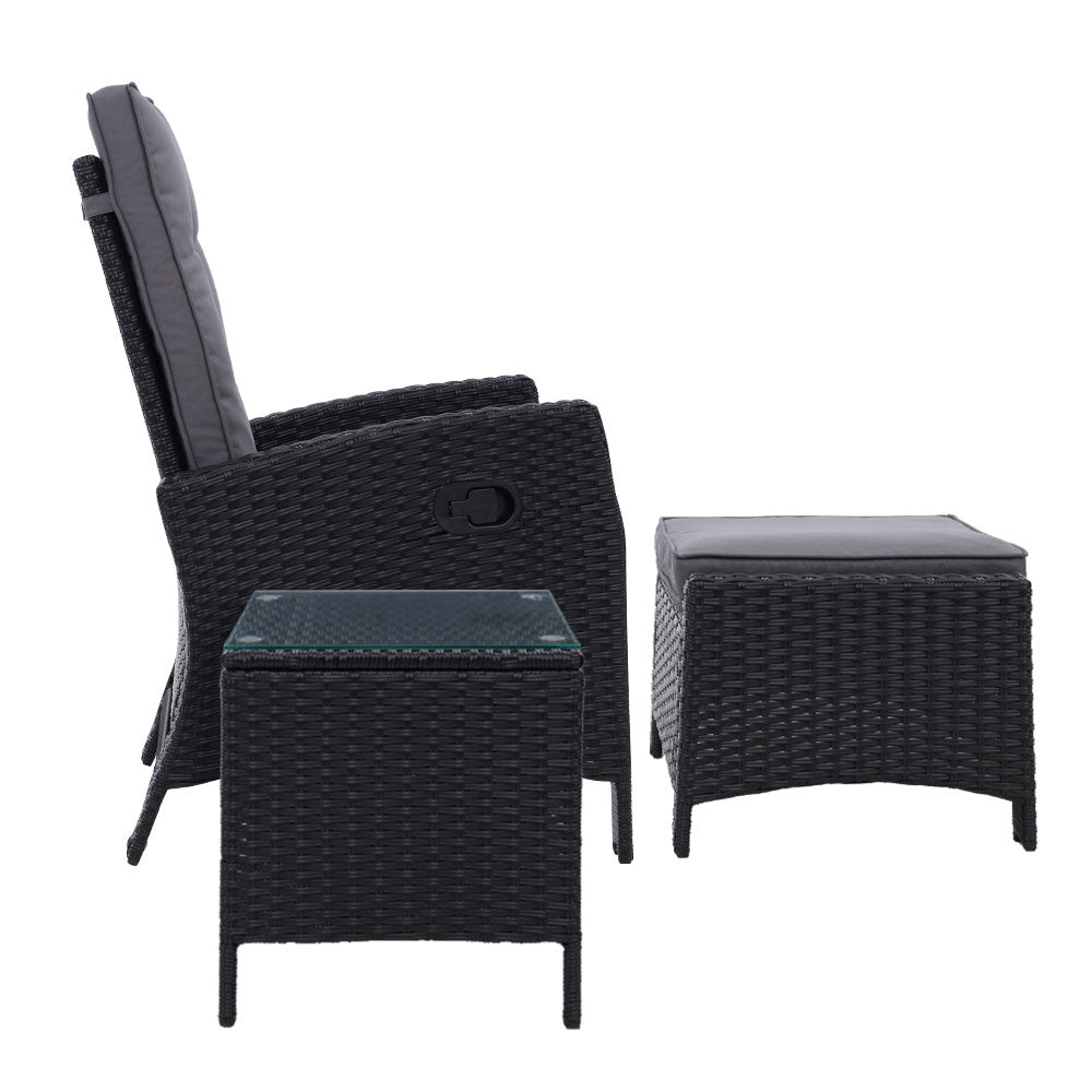 Gardeon Outdoor Setting Recliner Chair Table Set Wicker lounge Patio Furniture Black freeshipping - Awezingly