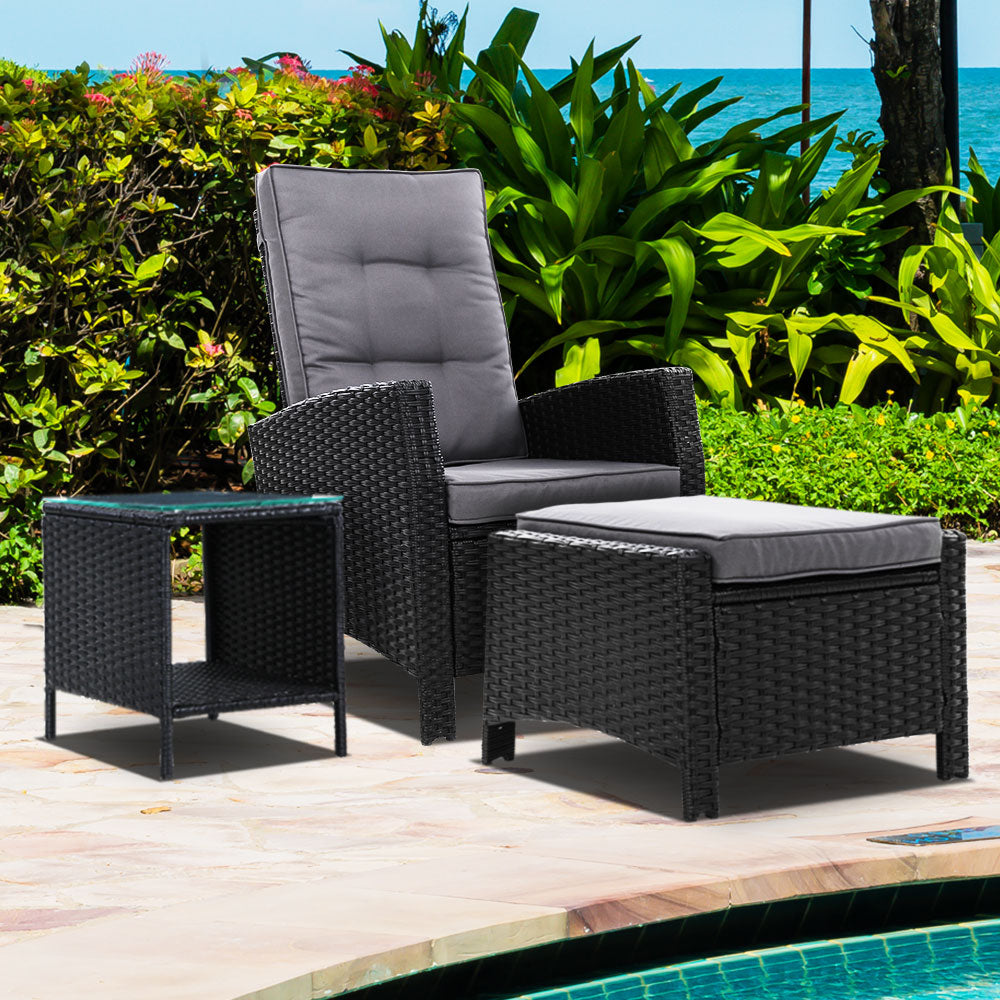 Gardeon Outdoor Setting Recliner Chair Table Set Wicker lounge Patio Furniture Black freeshipping - Awezingly