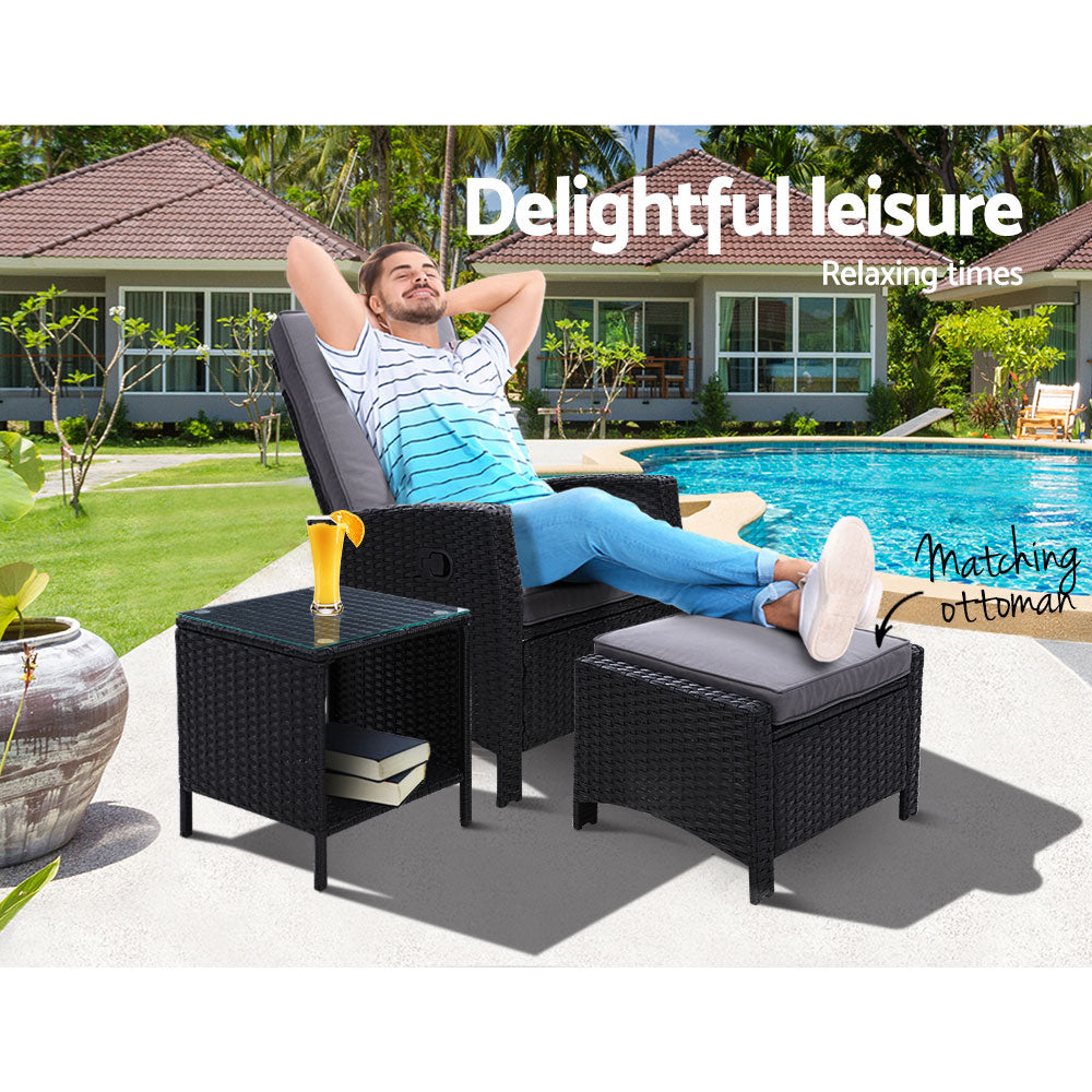 Gardeon Outdoor Setting Recliner Chair Table Set Wicker lounge Patio Furniture Black freeshipping - Awezingly