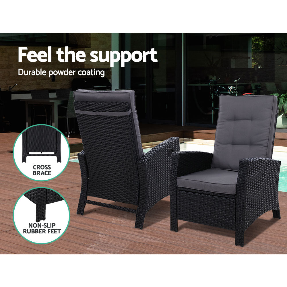 Gardeon Outdoor Setting Recliner Chair Table Set Wicker lounge Patio Furniture Black freeshipping - Awezingly