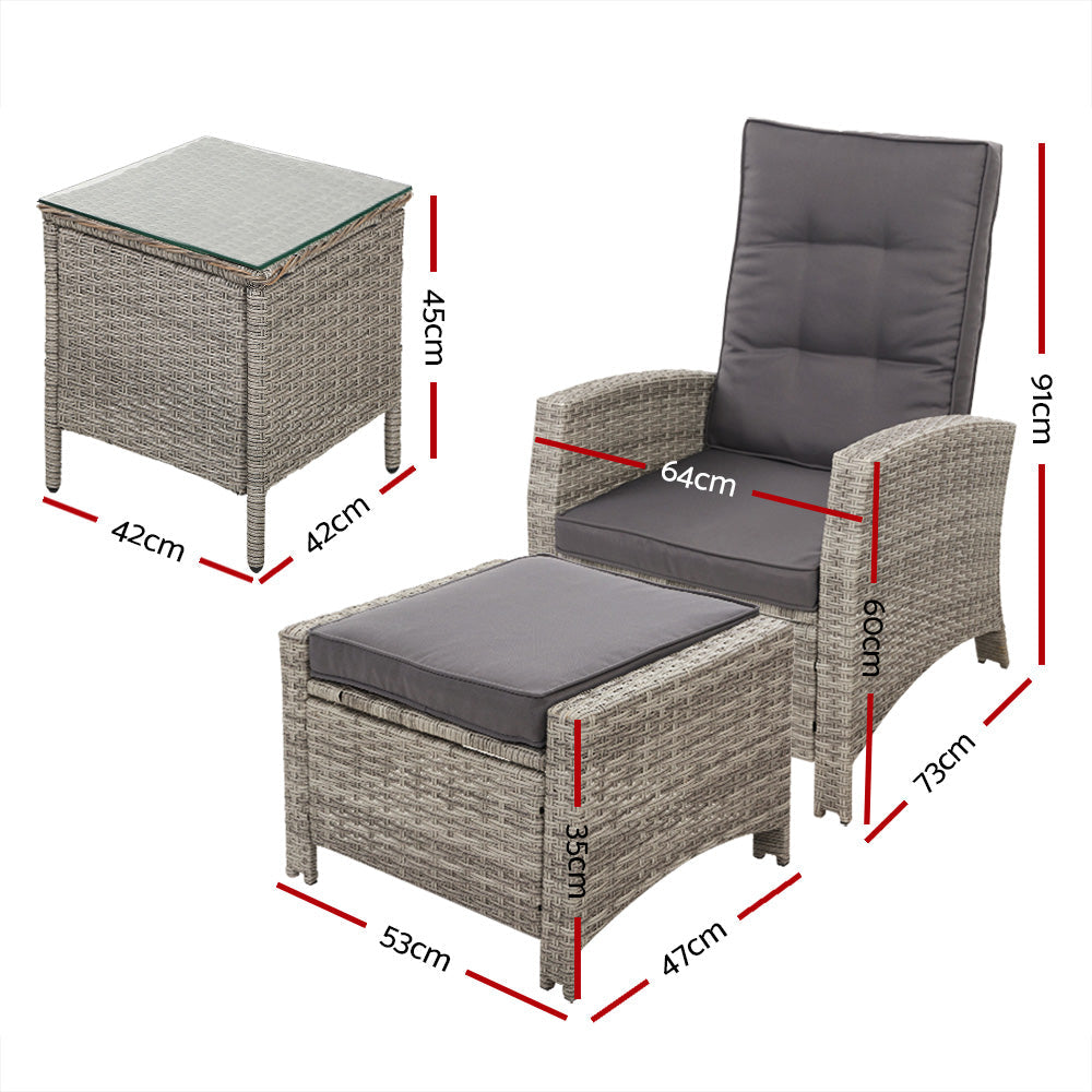 Gardeon Outdoor Setting Recliner Chair Table Set Wicker lounge Patio Furniture Grey