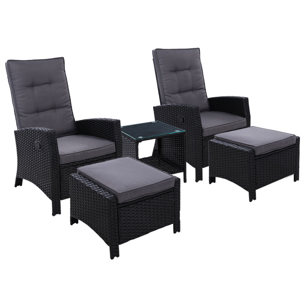 Gardeon Outdoor Patio Furniture Recliner Chairs Table Setting Wicker Lounge 5pc Black freeshipping - Awezingly