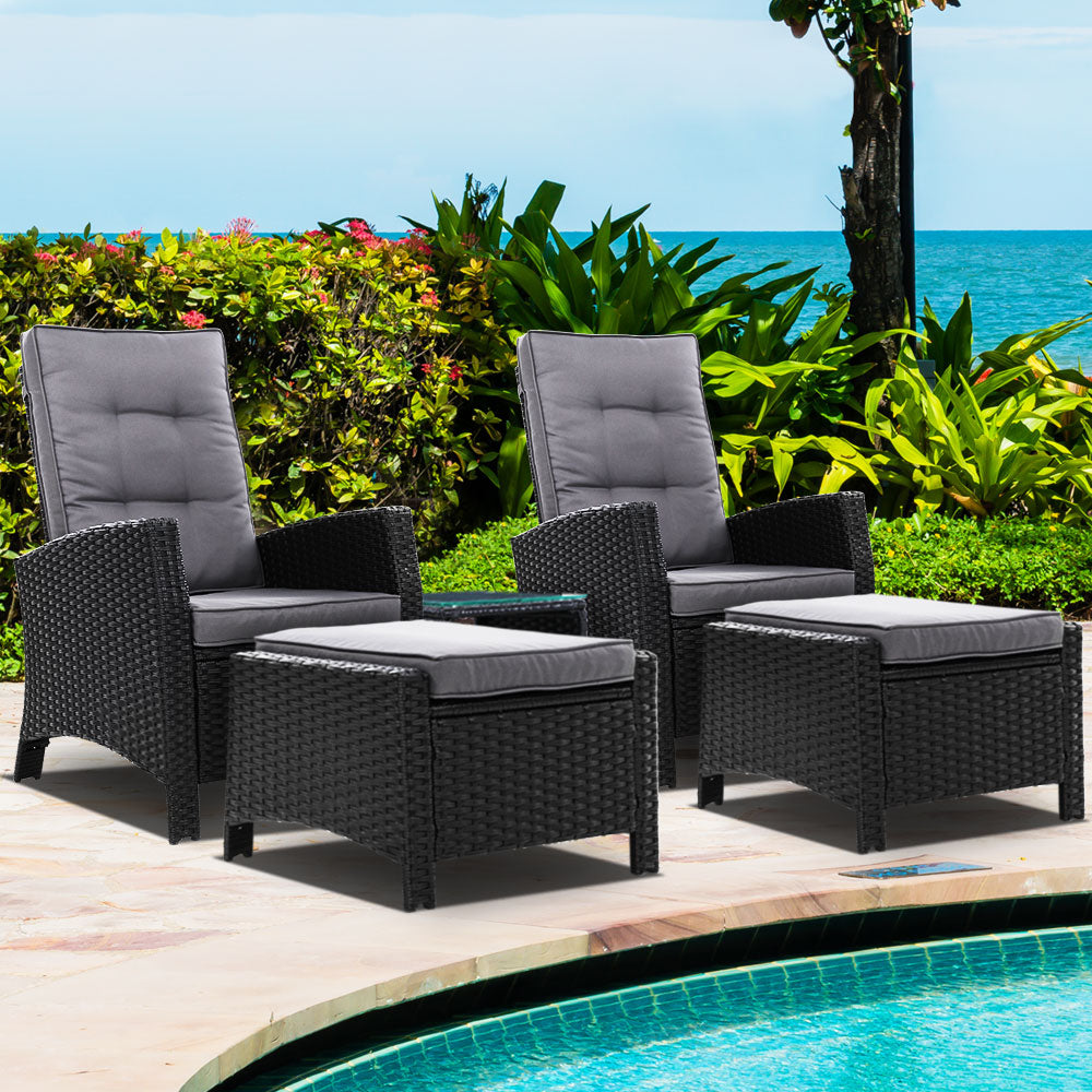 Gardeon Outdoor Patio Furniture Recliner Chairs Table Setting Wicker Lounge 5pc Black freeshipping - Awezingly