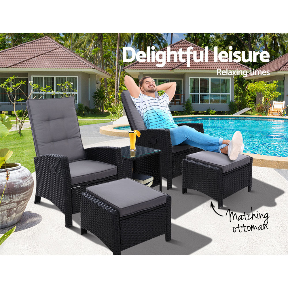 Gardeon Outdoor Patio Furniture Recliner Chairs Table Setting Wicker Lounge 5pc Black freeshipping - Awezingly