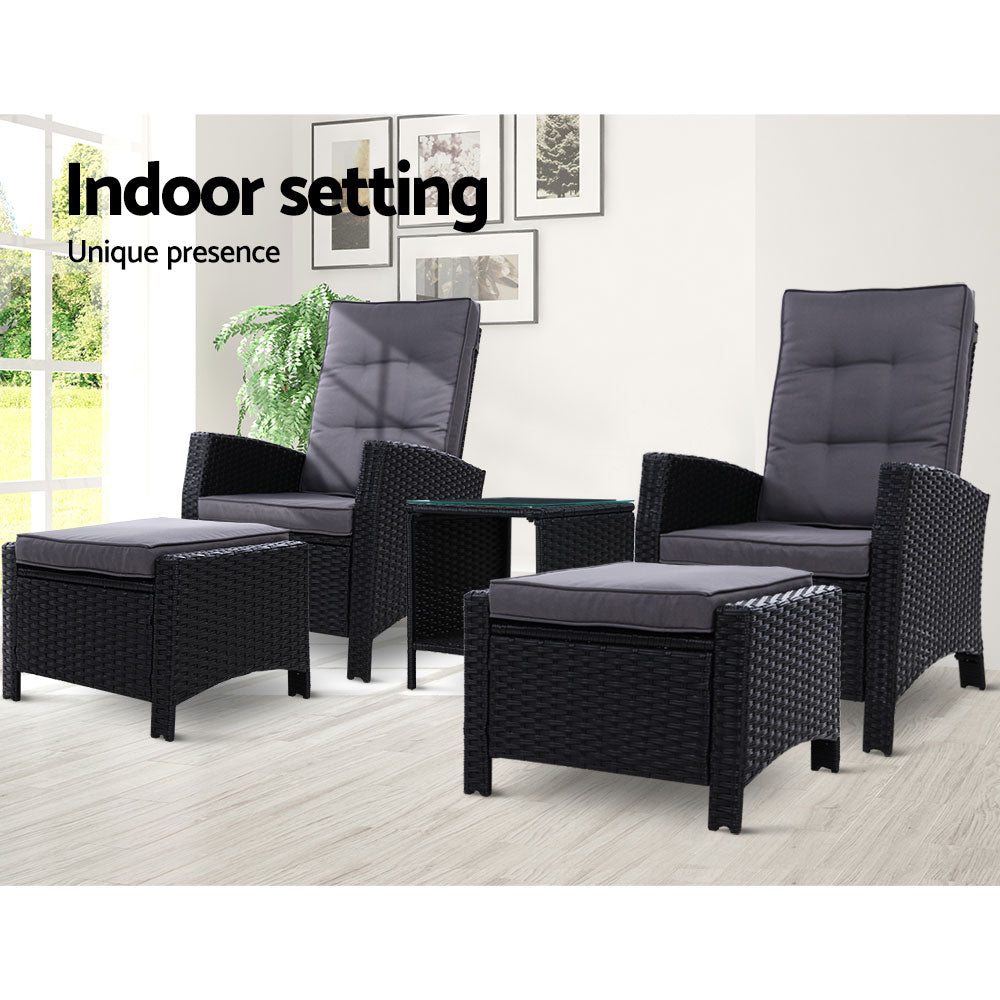 Gardeon Outdoor Patio Furniture Recliner Chairs Table Setting Wicker Lounge 5pc Black freeshipping - Awezingly