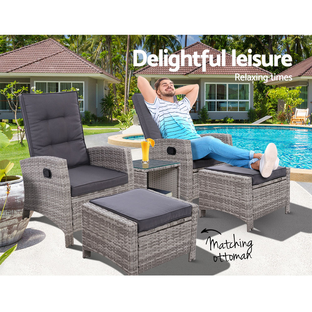 Gardeon Outdoor Patio Furniture Recliner Chairs Table Setting Wicker Lounge 5pc Grey