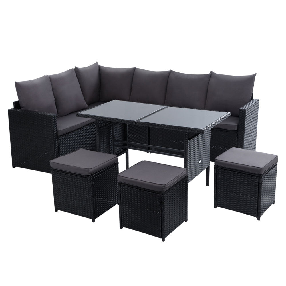 Gardeon Outdoor Furniture Dining Setting Sofa Set Lounge Wicker 9 Seater Black freeshipping - Awezingly