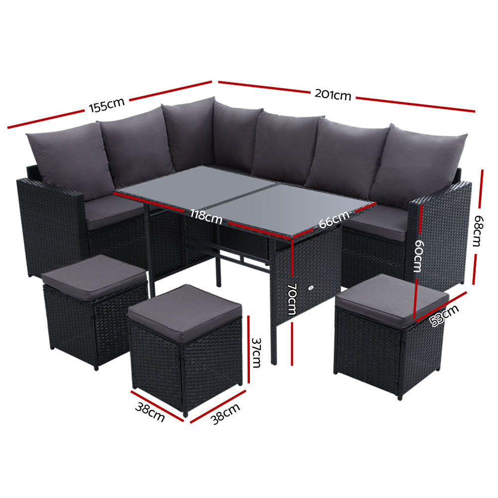 Gardeon Outdoor Furniture Dining Setting Sofa Set Lounge Wicker 9 Seater Black freeshipping - Awezingly