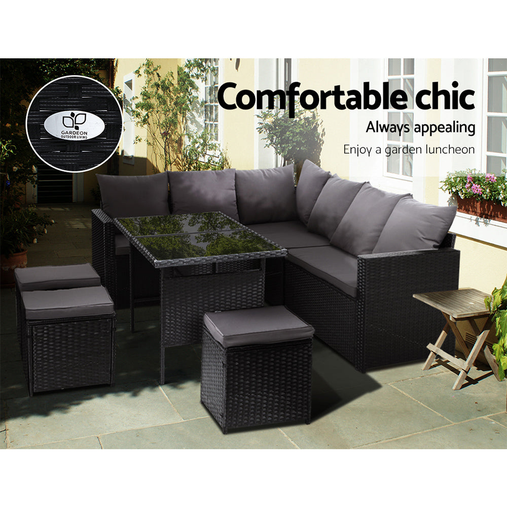 Gardeon Outdoor Furniture Dining Setting Sofa Set Lounge Wicker 9 Seater Black freeshipping - Awezingly