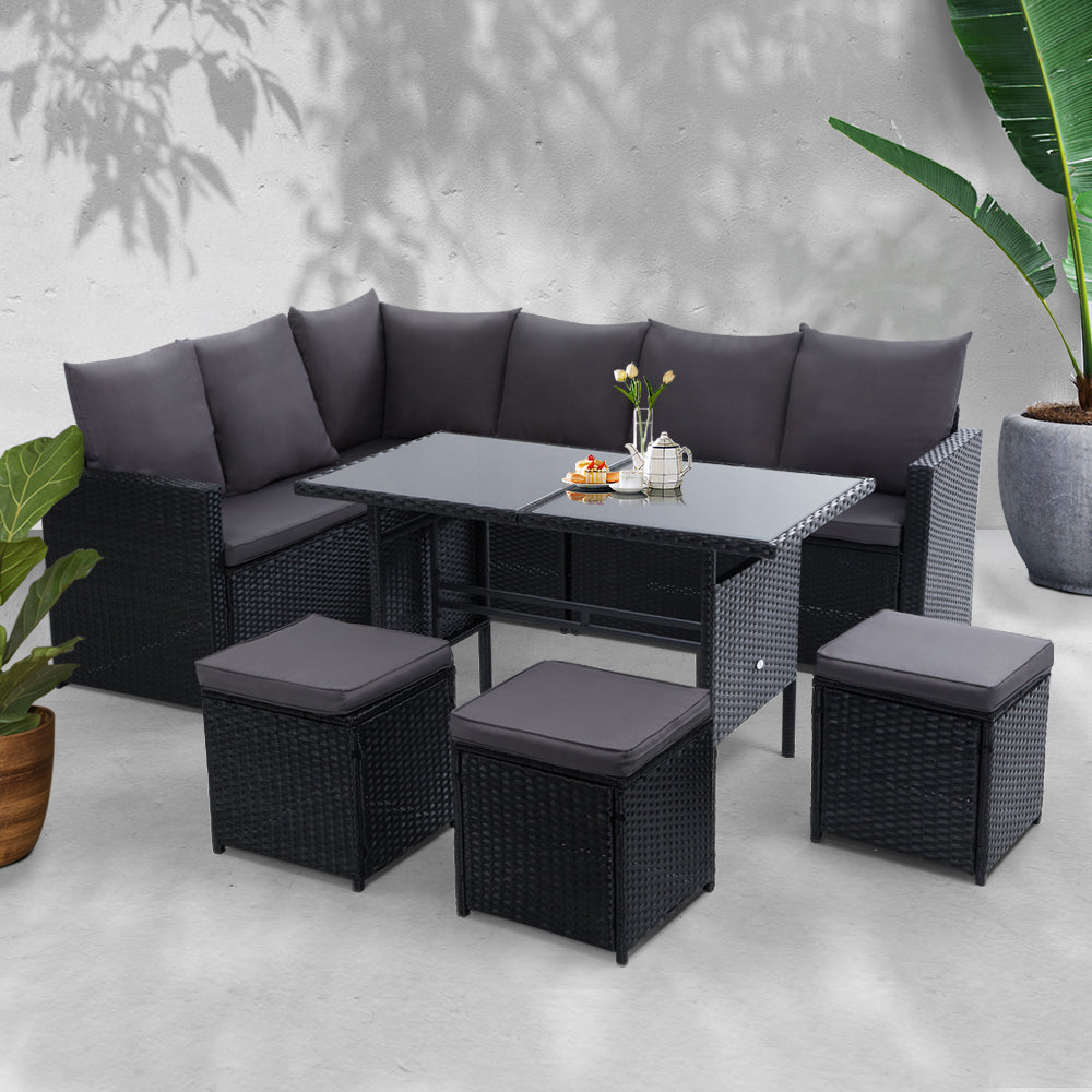 Gardeon Outdoor Furniture Dining Setting Sofa Set Lounge Wicker 9 Seater Black freeshipping - Awezingly