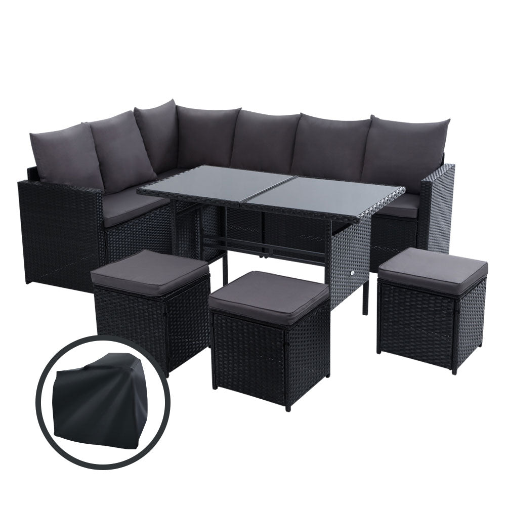 Gardeon Outdoor Furniture Dining Setting Sofa Set Wicker 9 Seater Storage Cover Black freeshipping - Awezingly