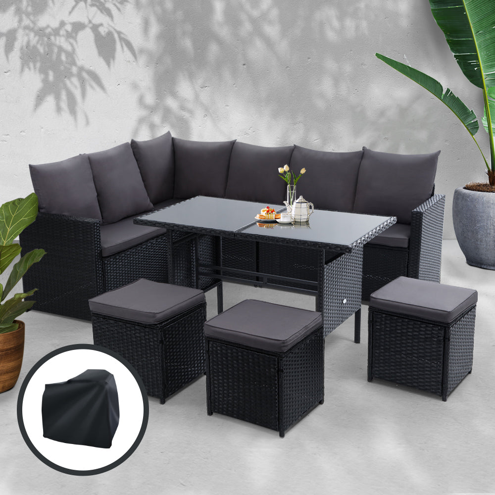 Gardeon Outdoor Furniture Dining Setting Sofa Set Wicker 9 Seater Storage Cover Black freeshipping - Awezingly