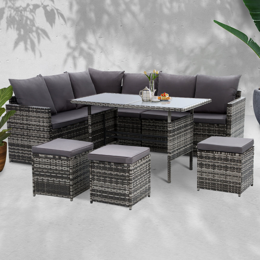 Gardeon Outdoor Furniture Dining Setting Sofa Set Lounge Wicker 9 Seater Mixed Grey freeshipping - Awezingly