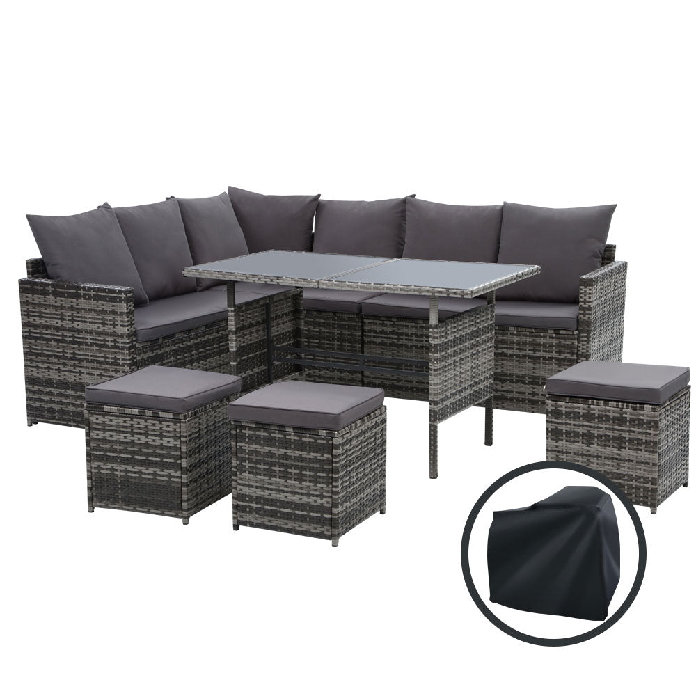 Gardeon Outdoor Furniture Dining Setting Sofa Set Wicker 9 Seater Storage Cover Mixed Grey freeshipping - Awezingly