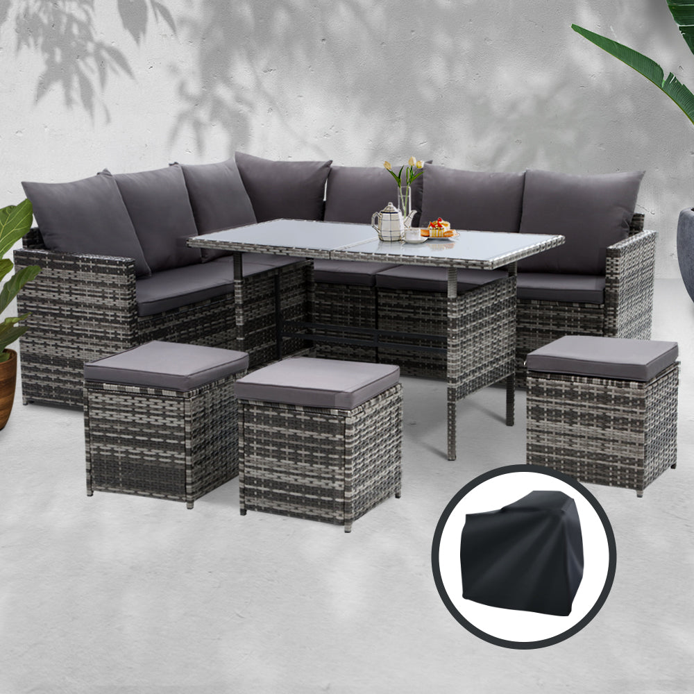 Gardeon Outdoor Furniture Dining Setting Sofa Set Wicker 9 Seater Storage Cover Mixed Grey freeshipping - Awezingly