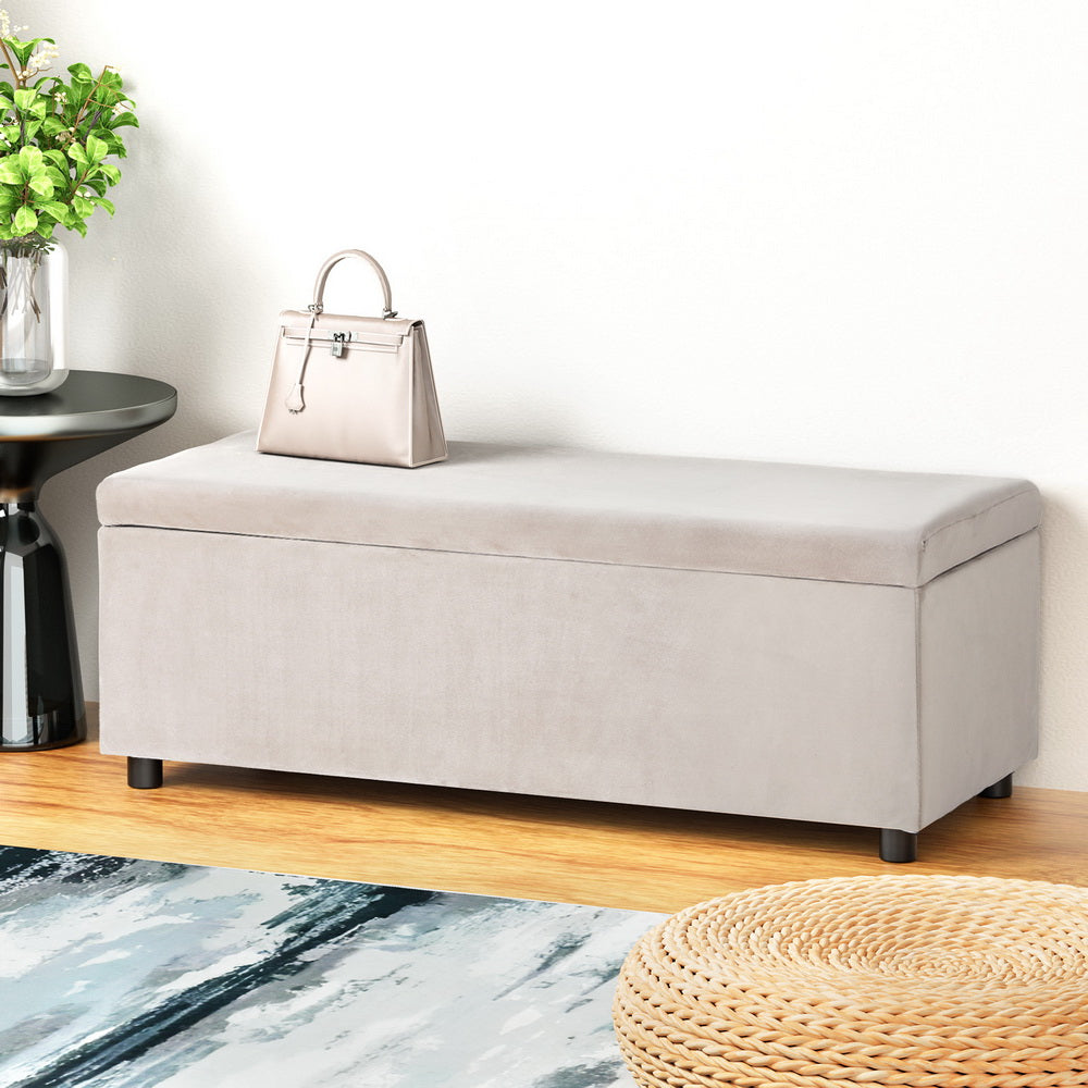 Artiss Storage Ottoman Blanket Box Table 97cm Velvet Taupe