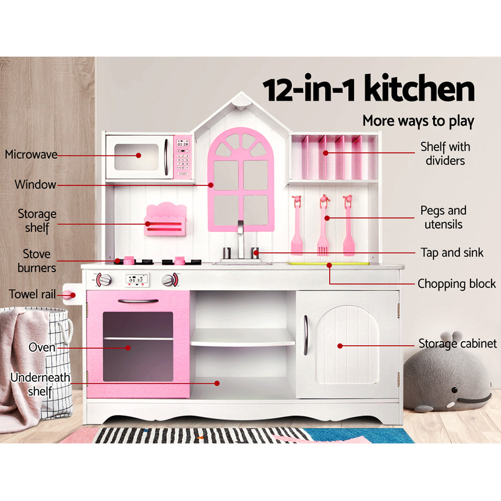 Keezi Kids Wooden Kitchen Play Set - White & Pink freeshipping - Awezingly