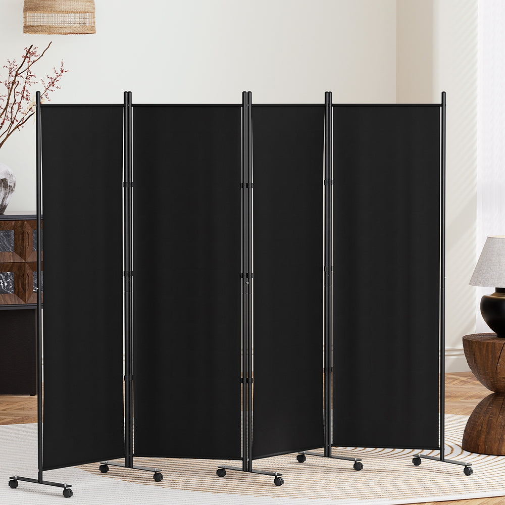 Artiss 4 Panel Room Divider Screen 217cm Wheel Fabric Black